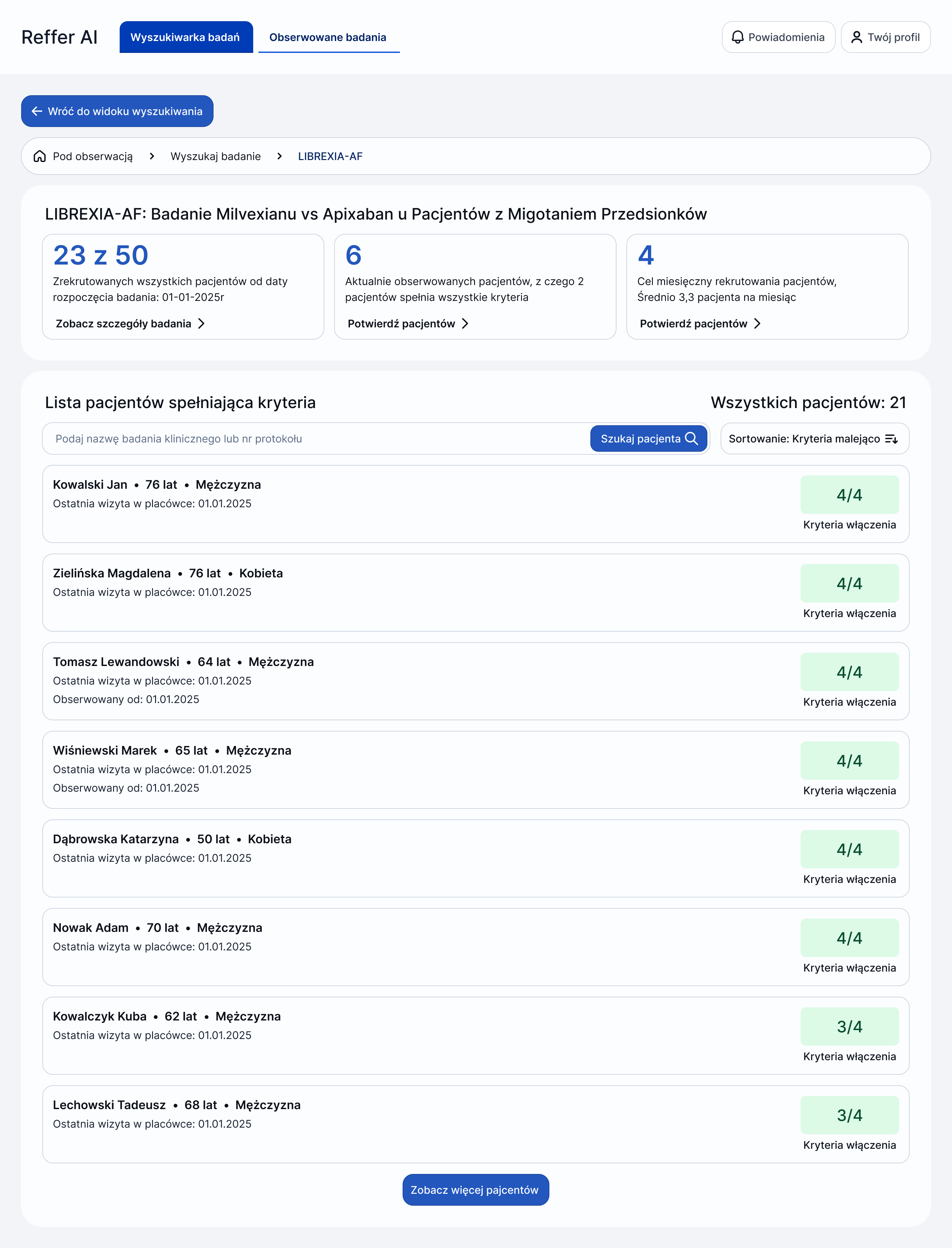 RefferAI — widok badania LIBREXIA-AF